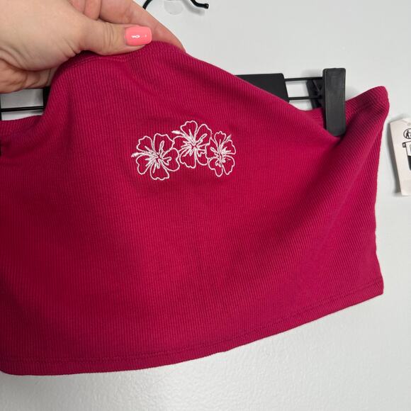 Roxy Women’s Aloha Bright Pink Ribbed Cropped Tube Top with White Flowers Size M - Picture 4 of 7